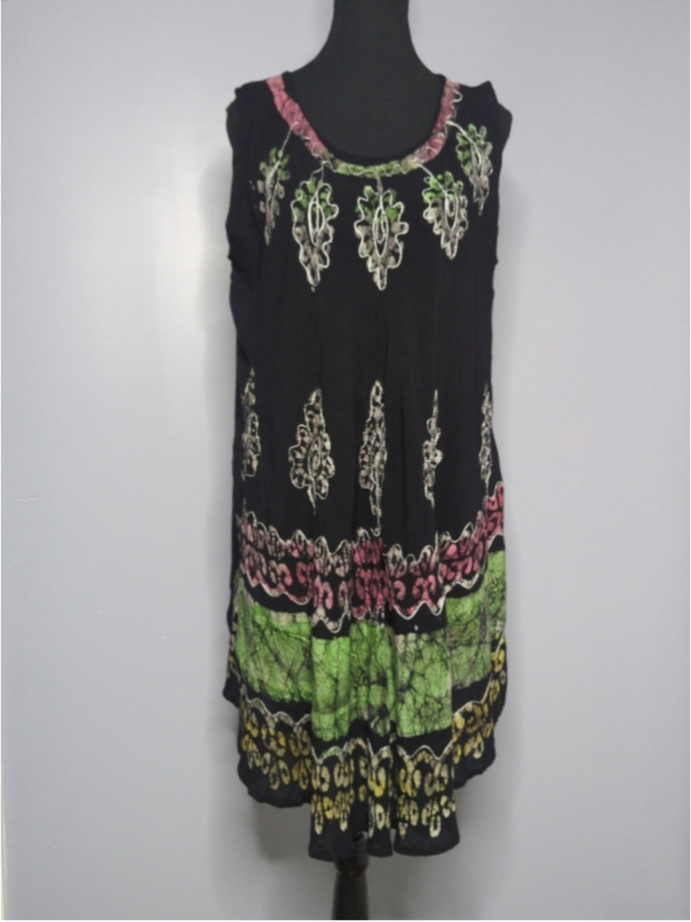 Island Expressions Batik Boho Midi Swing Dress Free Size Black Green Embroidered